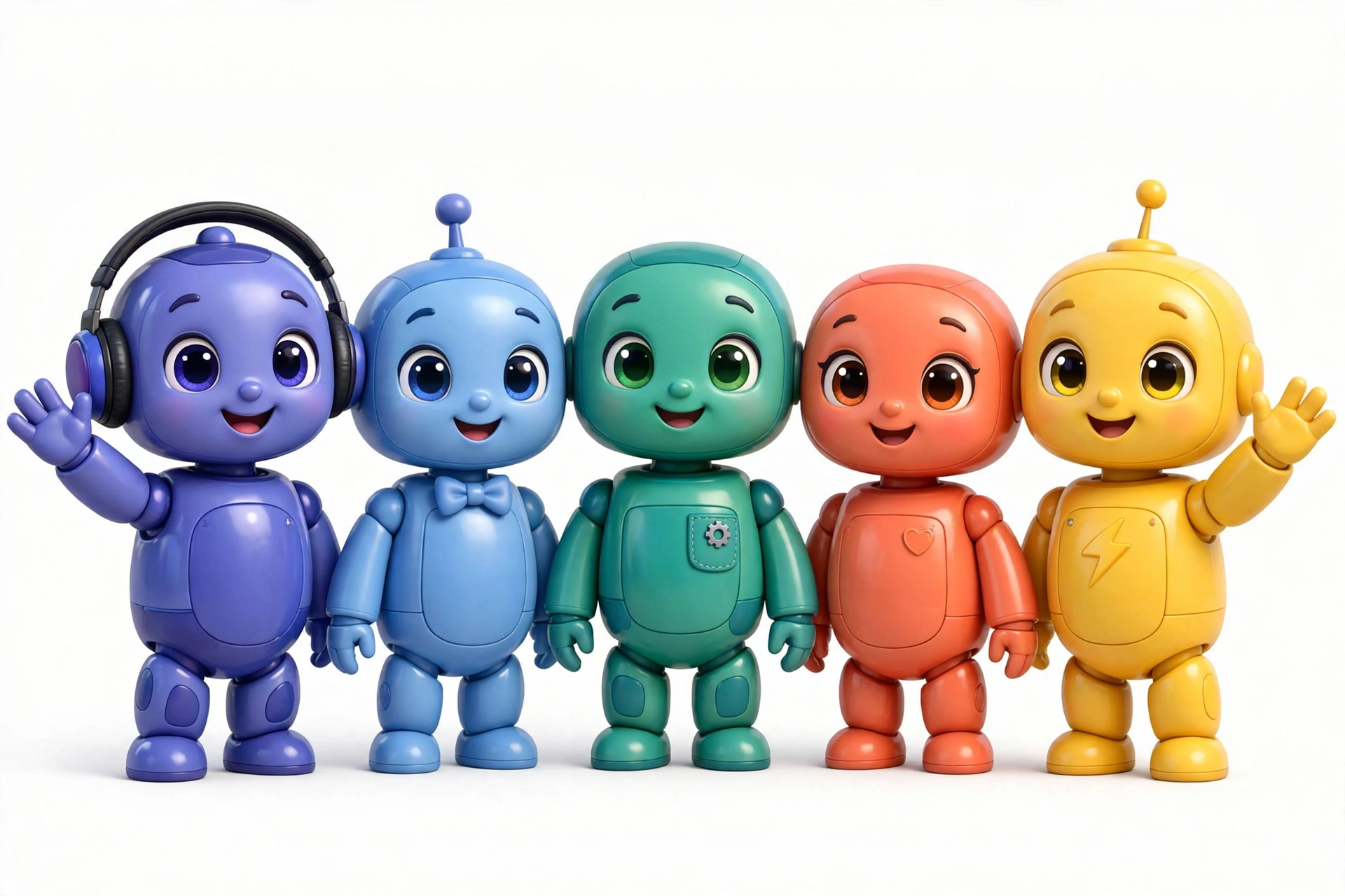 The agent team: five friendly robot mascots in different colors waving hello