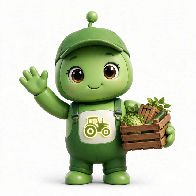 AgriAgent mascot — a robot dressed for the job