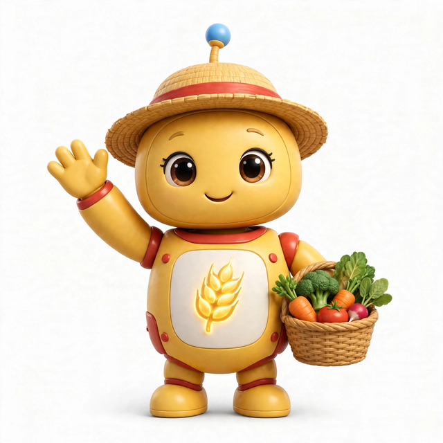 FarmAgent mascot — a robot dressed for the job