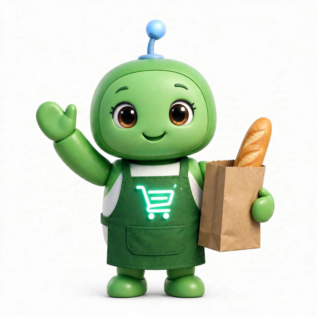 GroceryAgent mascot — a robot dressed for the job