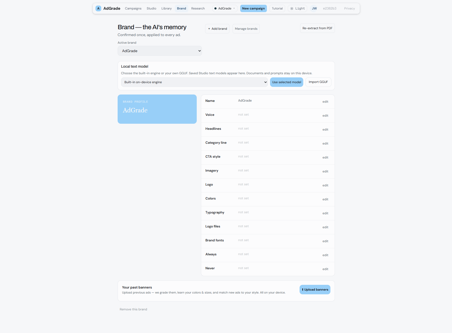 Brand profiles teach the AI your voice, colors, and rules.