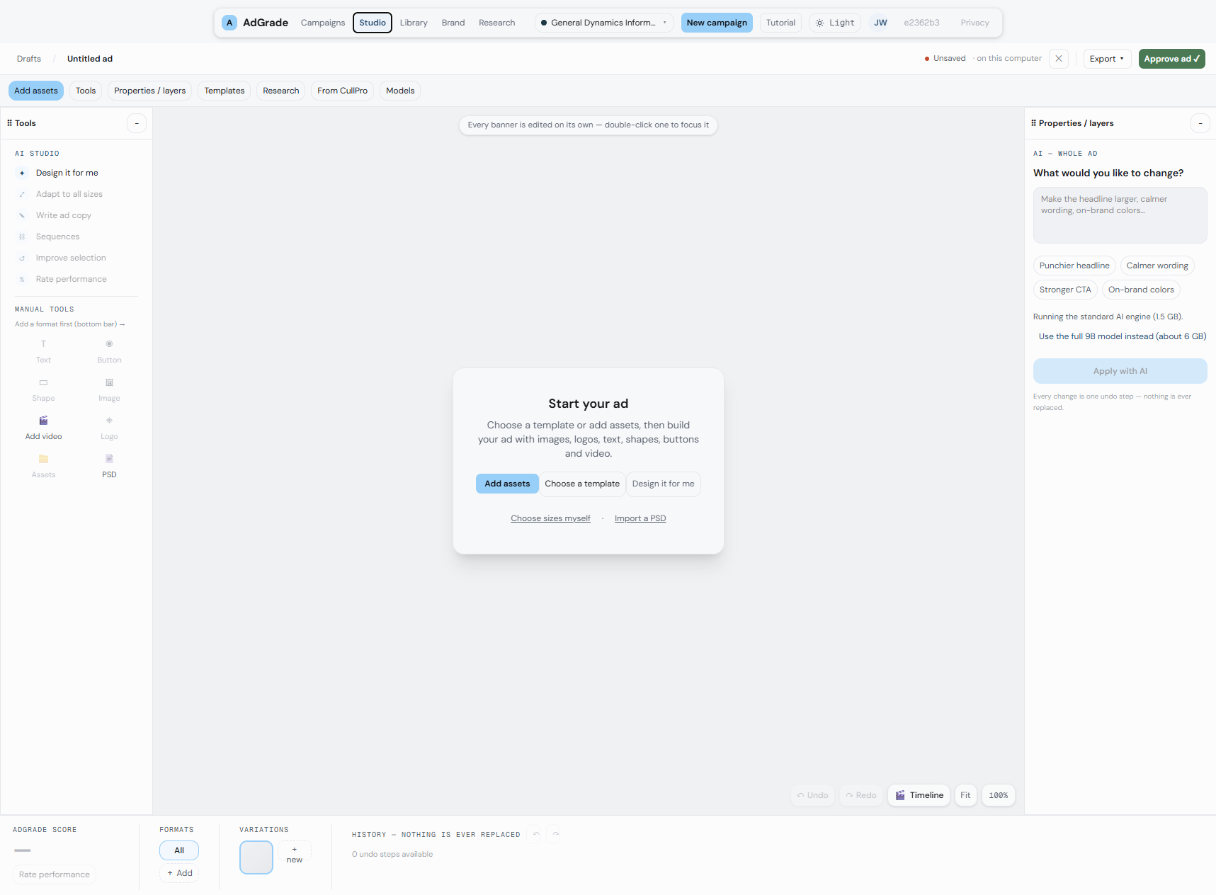 The AdGrade studio: build ads with local AI models, on your own device.