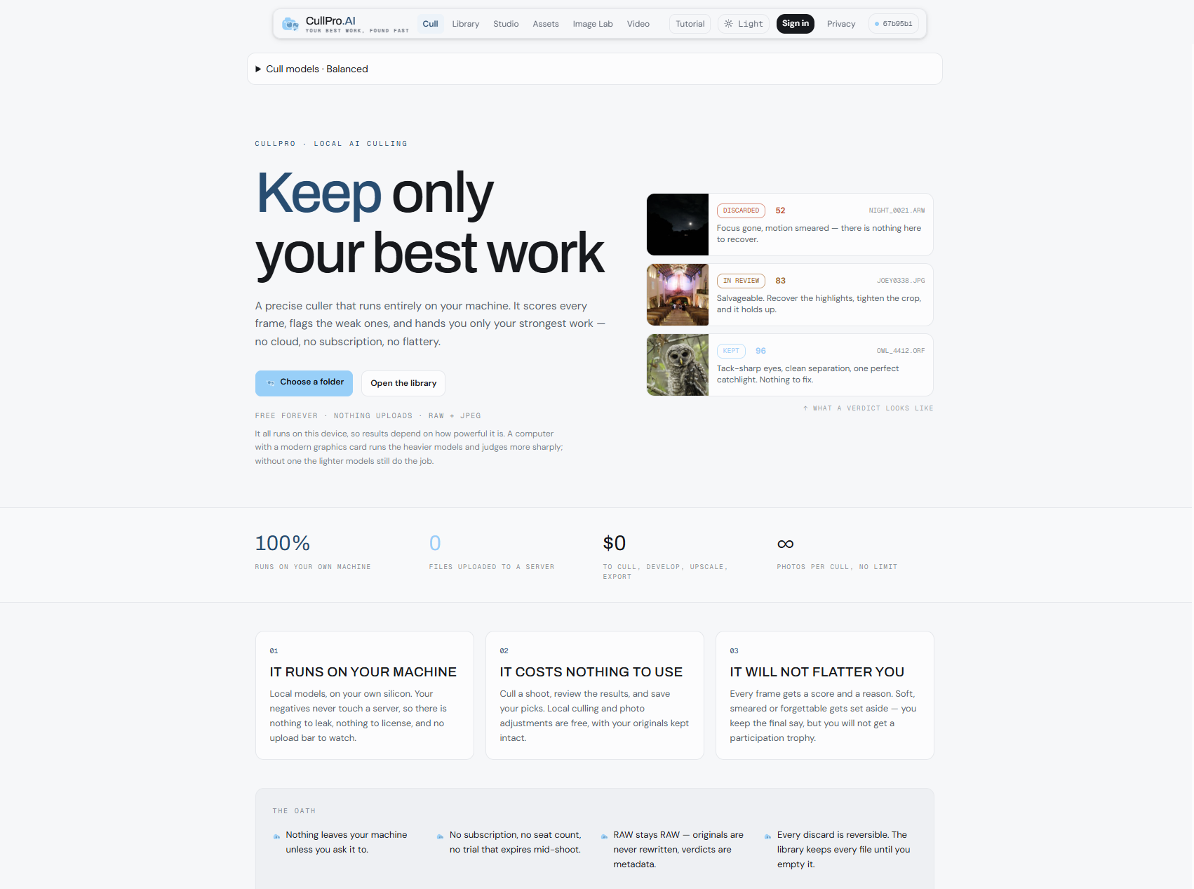 CullPro.AI: keep only your best work. Free forever, nothing uploads.