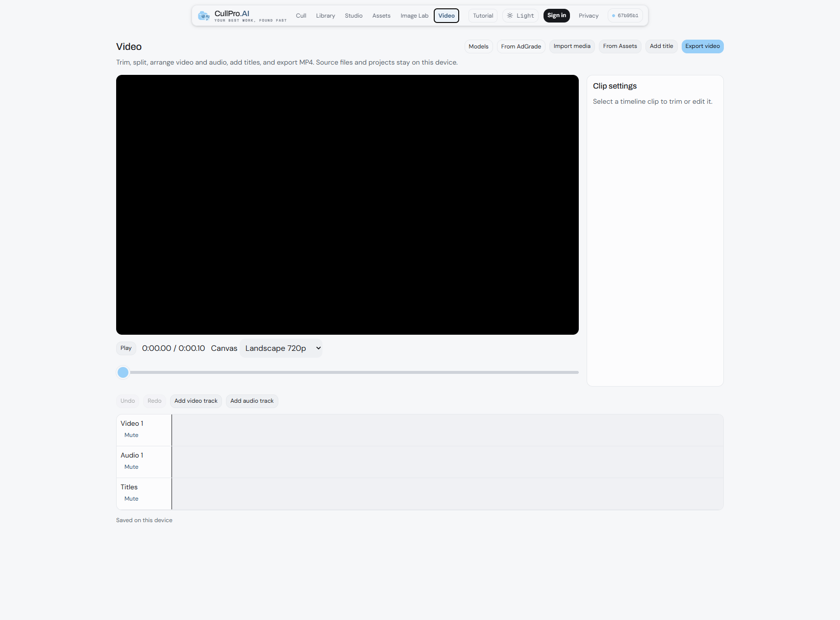 Video editing included — trim, arrange, and export MP4 locally.